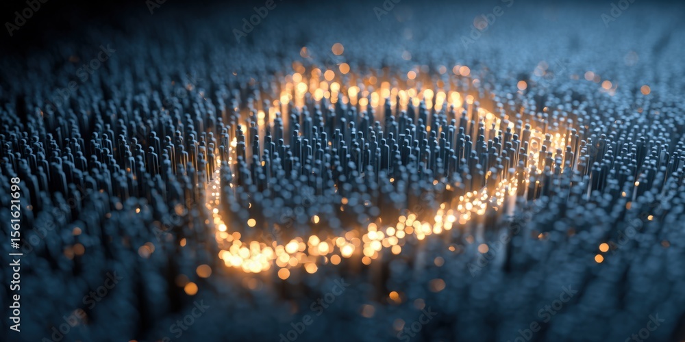 Poster abstract heart shape created with glowing light particles on dark blue background.