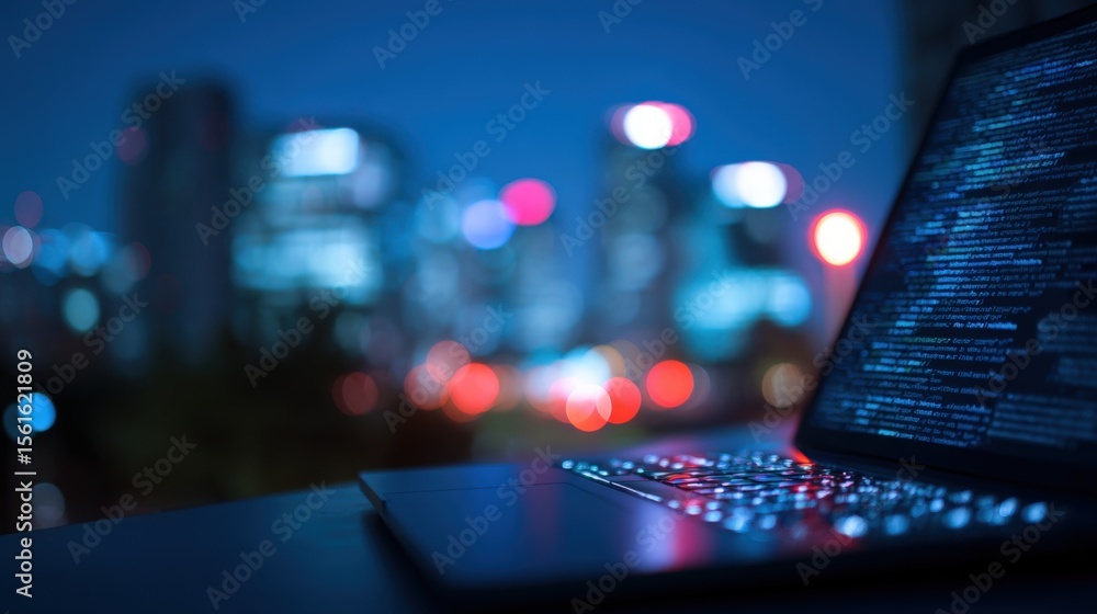 Poster high contrast close-up of a laptop with glowing screen displaying code against blurred city skyline 