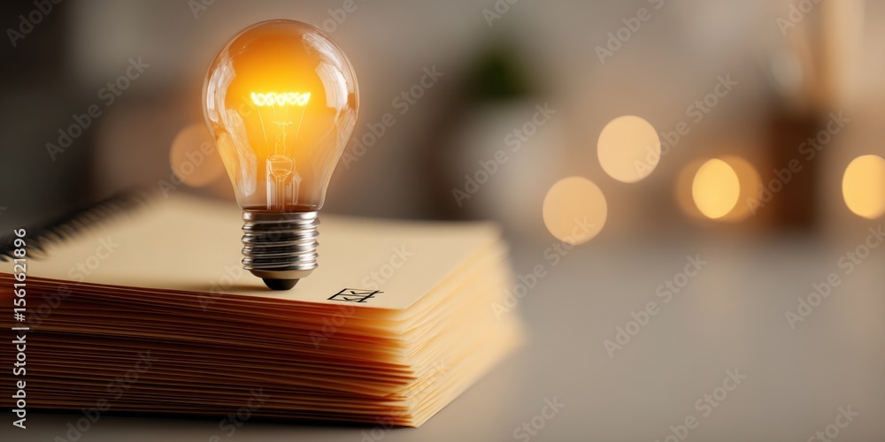 Poster Illuminated light bulb resting on a book page with blurred background and warm glow.
