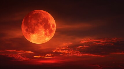 Obraz premium Stunning view of a large red moon glowing brightly in a fiery orange and dark sky.