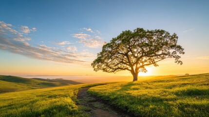 Obraz premium Wide scenic view of lush green landscape with a solitary tree under colorful sunset sky.