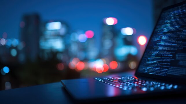High contrast close-up of a laptop with glowing screen displaying code against blurred city skyline at night.