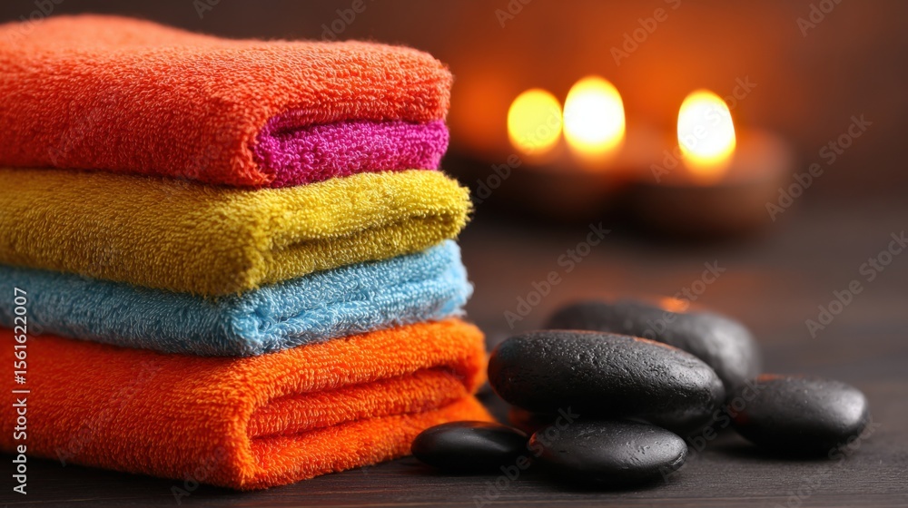 Poster colorful spa towels folded with smooth black stones in relaxing aromatherapy setting.