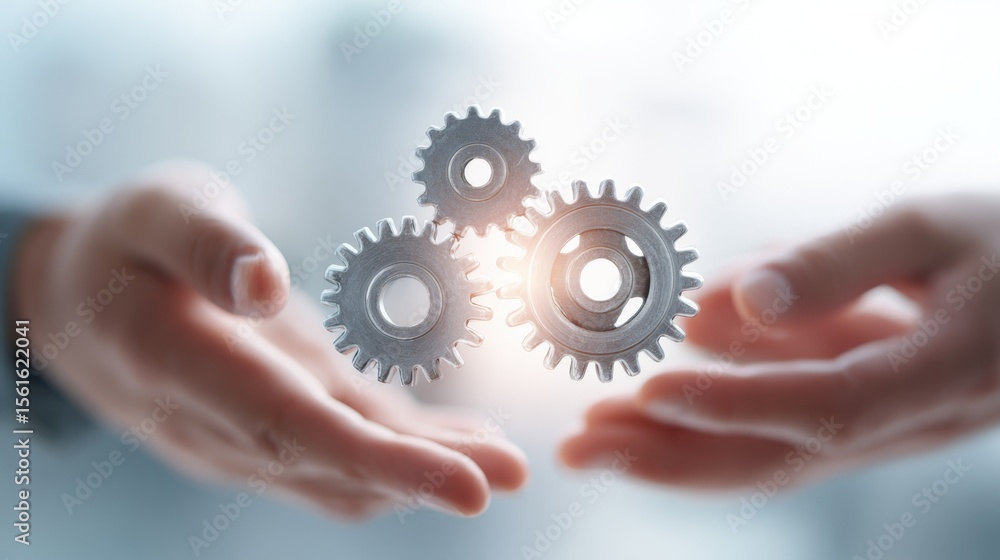 Aufkleber close-up of two hands holding three interconnected metallic gears symbolizing teamwork and engineeri