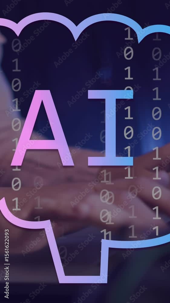 Poster animation of ai text, icons and data processing over caucasian woman using computer