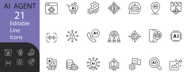 21 editable line icons focused on AI agents, chatbots, automation, data, and voice assistants — perfect for tech apps, SaaS UI,UX, presentations, and innovation branding.