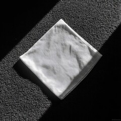 A white cloth, folded square, lies on a dark textured surface. Sunlight casts a diagonal shadow