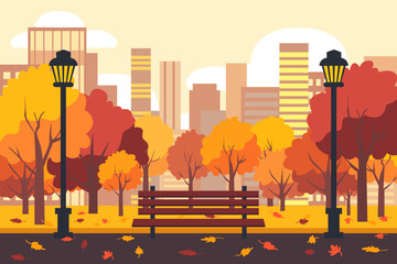 Beautiful autumn city park with orange trees, bench, lanterns against the background of tall city buildings. Beautiful autumn landscape of the city park. Vector illustration of autumn park.