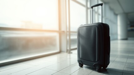 Naklejka na ściany i meble Modern black carry-on luggage suitcase with wheels in airport terminal hallway.