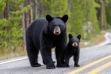 Fototapeta premium Black bear cub on road adult bear in front cub slightly behind trees blur in background