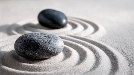 Calm Zen Sand Garden with Black and Gray Stones and Raked Patterns for Relaxation.