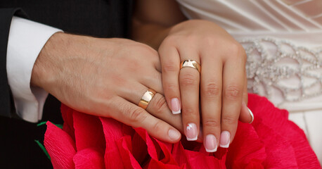 Just Married. Hands of wedding rings
