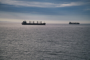 Two cargo ships glide across a calm sea under a clear sky. Minimalist seascape.