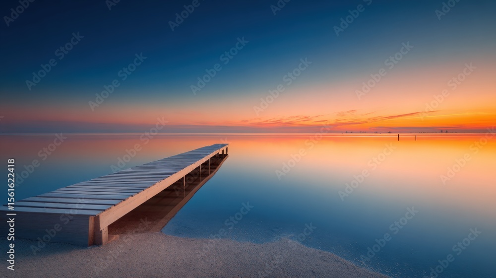 Poster serene sunset over calm ocean with wooden pier extending into reflectionally still water.
