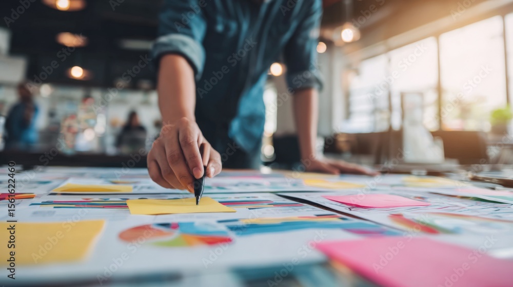 Poster Modern creative workspace with a person analyzing colorful digital and paper charts.