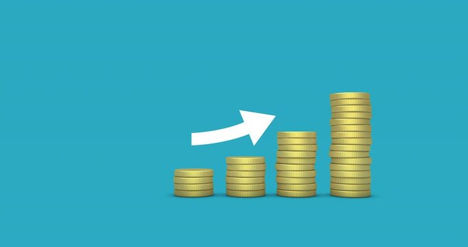 Growing stacks of gold coins and an upward arrow pointing up. Metaphor of successful business growth, growing financial graph and bar chart.