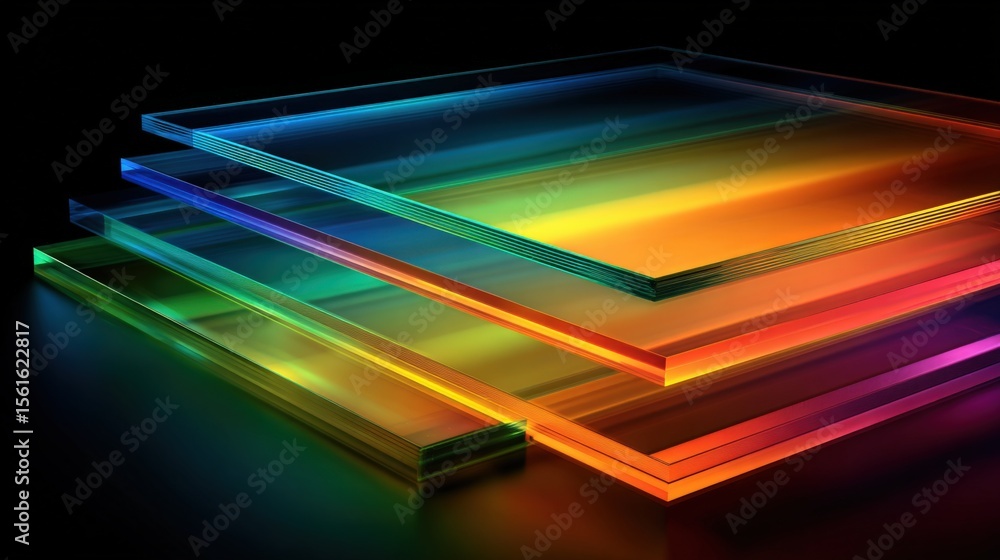 Poster long glowing colorful glass sheets layered illuminated with vibrant spectrum light.