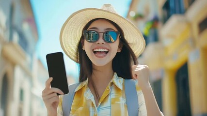 Asian woman backpacker energetically shouting through a smartphone screen pop-up, concept for digital marketing and online promotions smartphone advertising, online marketing, back,Asian woman, bac - Powered by Adobe