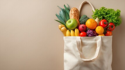 reusable tote bag filled with fresh fruits and vegetables. Items include apples, bananas, tomatoes, lettuce, and a loaf of bread.