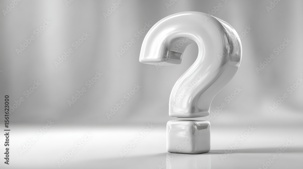 Poster Elegant white glossy question mark sculpture on smooth reflective surface with soft background.