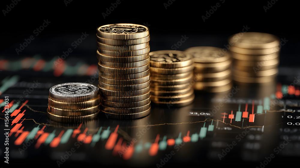 Poster stacked coins with digital financial graphs and data visualization