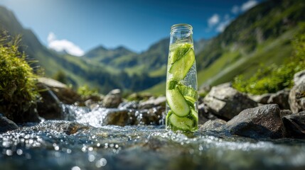 Refreshing cucumber lemon infused water in glass bottle on river stream natural landscape.