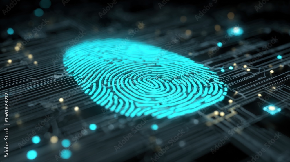 Aufkleber Digital fingerprint scan with glowing lines and high-tech cyber security elements.
