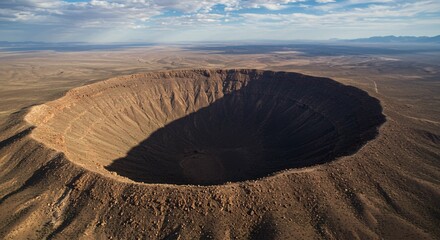 Aerial view of the Barringer Crater in Arizona showcasing the impact site and desert landscape