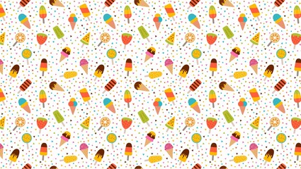 A repeating pattern of various ice cream treats and colorful dots on a white background design art