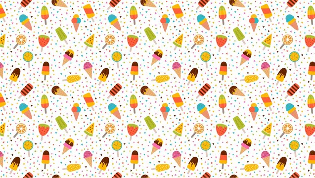 A repeating pattern of various ice cream treats and colorful dots on a white background design art
