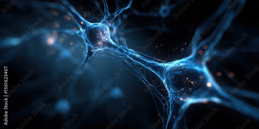Poster close-up of intricate neural network with glowing interconnected neurons in a dark background.