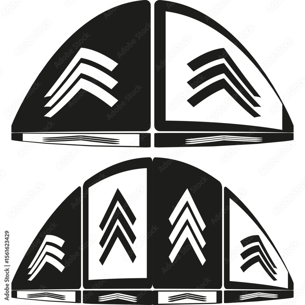 Poster chevron arrow quadrants. semicircle pointer icon. directional segment vector. bold graphic design.