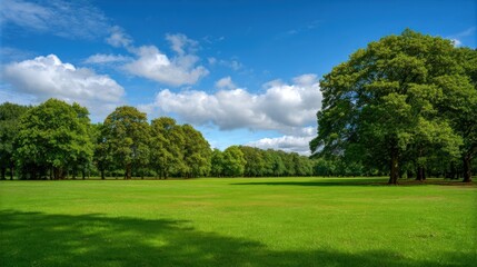 Expansive lush green park with tall trees and vibrant grass under a blue sky.