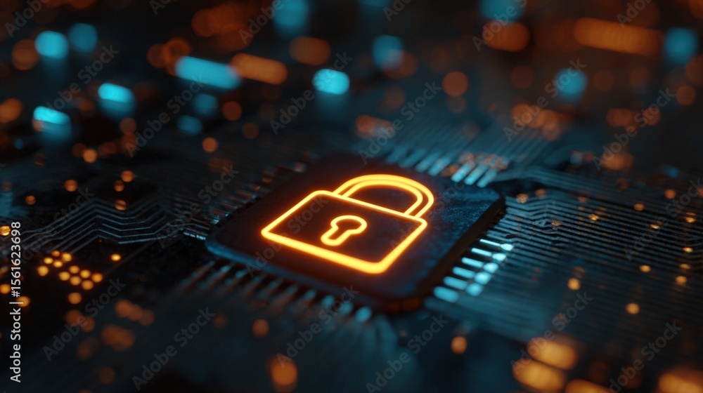 Poster Close-up of illuminated digital lock icon on circuit board representing cybersecurity tech.