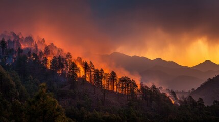 Majestic Mountain Landscape at Sunset with Forested Slopes and Dramatic Clouds.