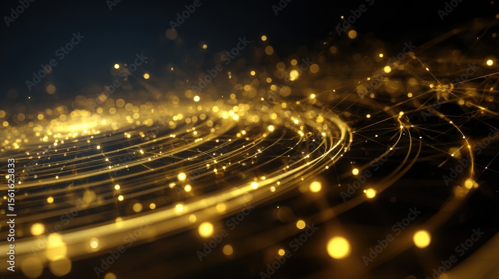 Poster Abstract gold glowing particles and bokeh with dynamic light trails and sparkles.