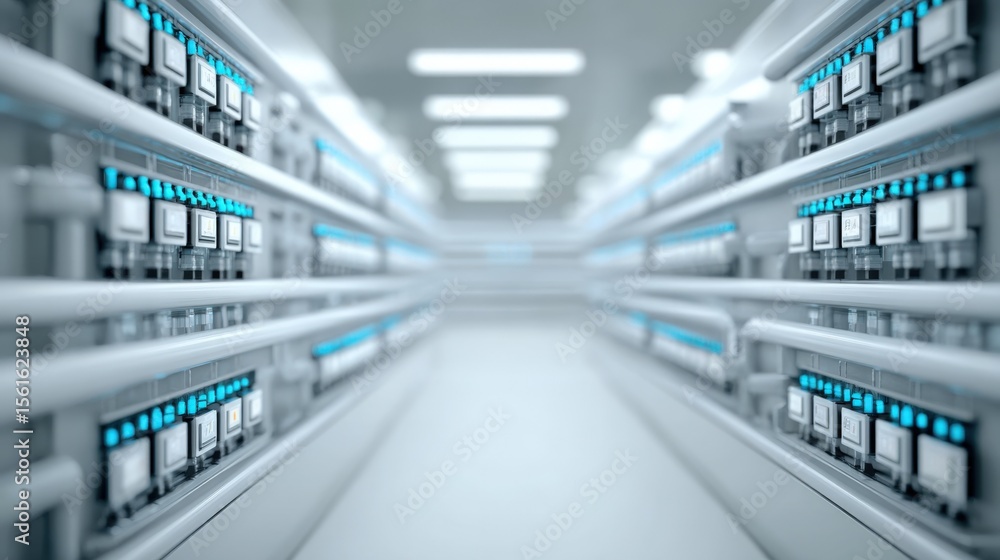 Poster futuristic data server room with sleek technology and illuminated equipment.
