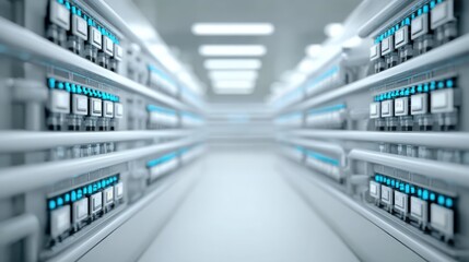 Fototapeta premium Futuristic data server room with sleek technology and illuminated equipment.