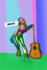Vertical pop poster banner collage of happy girl guy dance weekend party celebration note guitar...