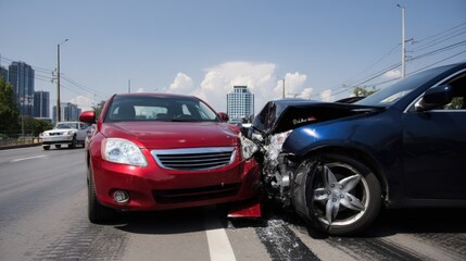 Car Collision on Urban Road Featuring Red and Black Vehicles with Visible Damage.
