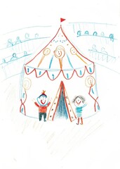 A child's drawing of a circus tent with two children standing in front of it waving