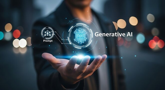 Man presenting generative ai concept with circuit board and prompt visualization