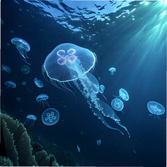 Fototapeta premium top down view of bioluminescent jellyfish glowing