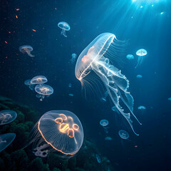 Naklejka premium top down view of bioluminescent jellyfish glowing