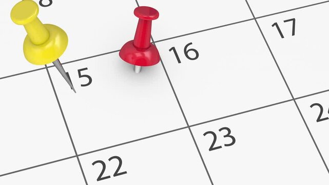 Calendar page busy business scheduling, time management, deadlines and events planning concept with many colorful push pins on the fifteenth of a monthly paper calendar page.