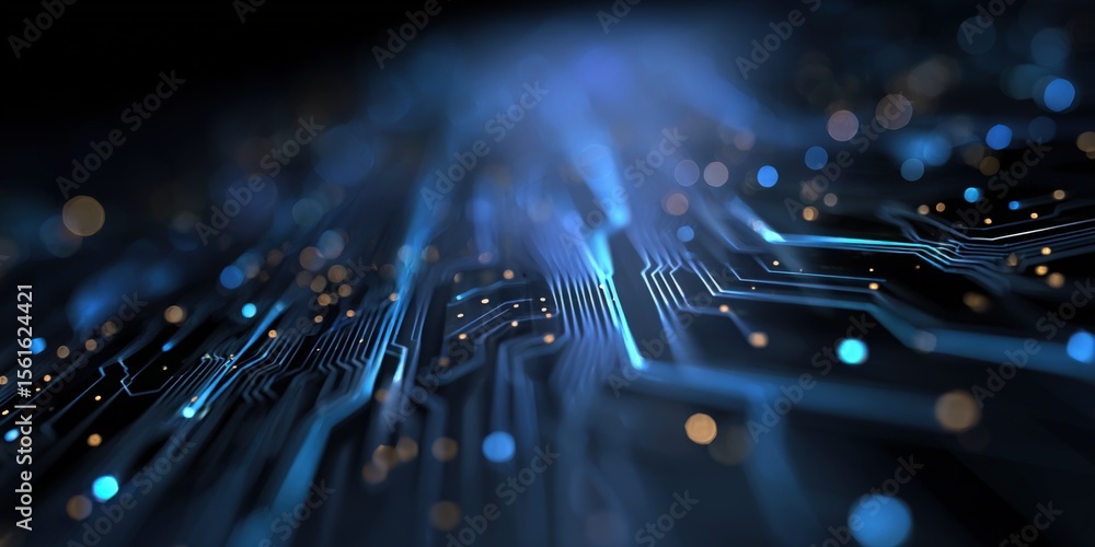 Poster Close-up of illuminated computer circuit board with glowing blue electronic pathways.