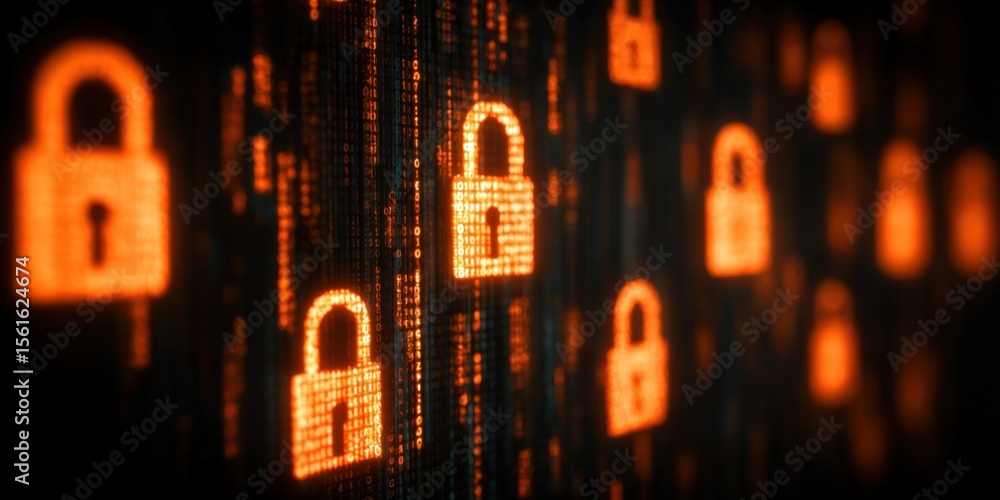 Poster Digital Security Lock Symbols On Cybersecurity Background With Binary Code.