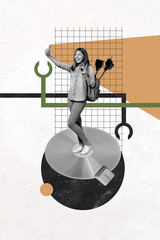 Poster photo vertical collage of happy teenage schoolgirl hold phone take selfie stand disk keypad...