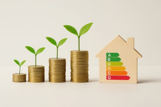 Gold Coins Stacks Growing Plants Energy Efficiency Home Model - Powered by Adobe