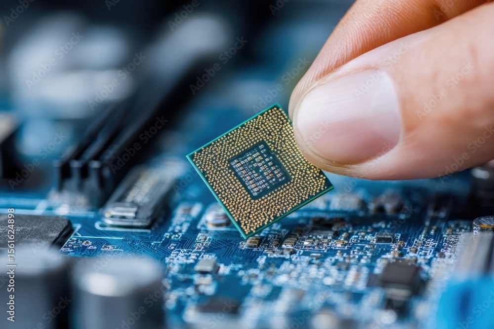 Poster Close-up of a person installing a computer processor onto a blue motherboard detailed tech hardware.